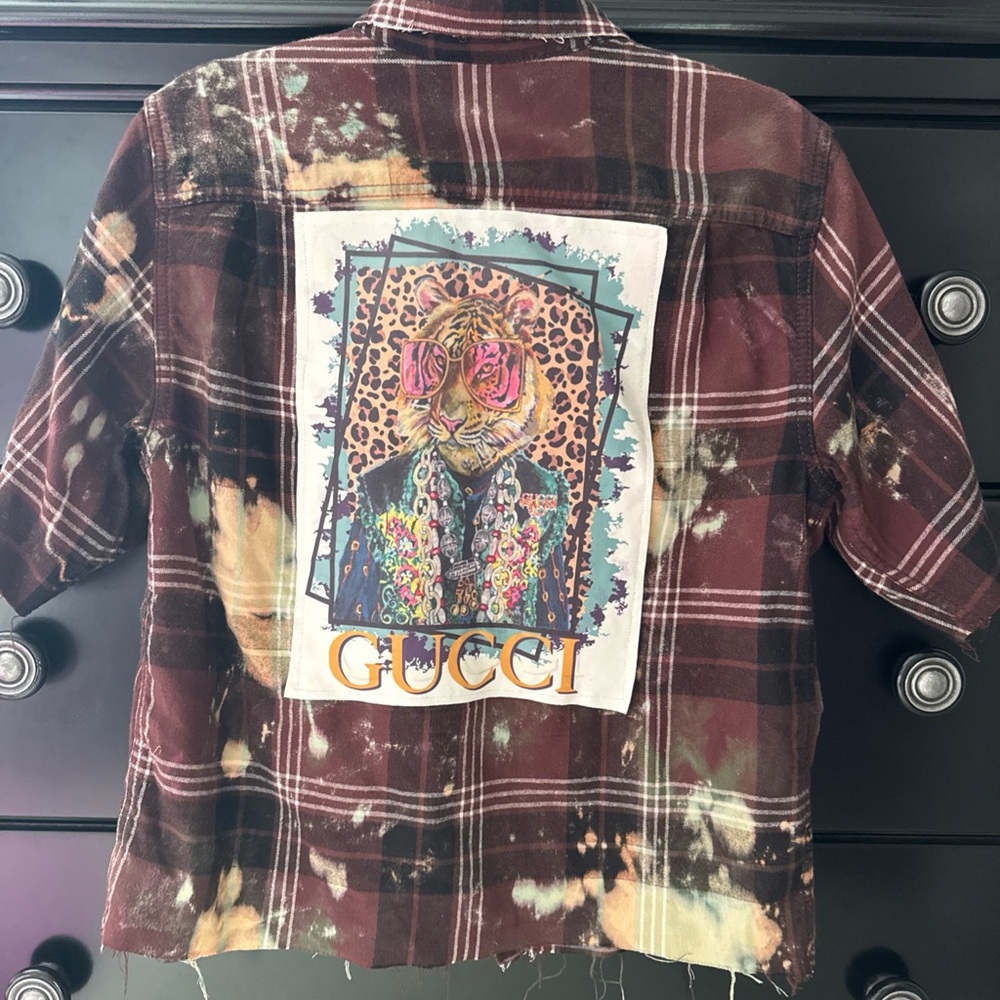 One of a Kind distressed Flannel shirt with Gucci accents sz S